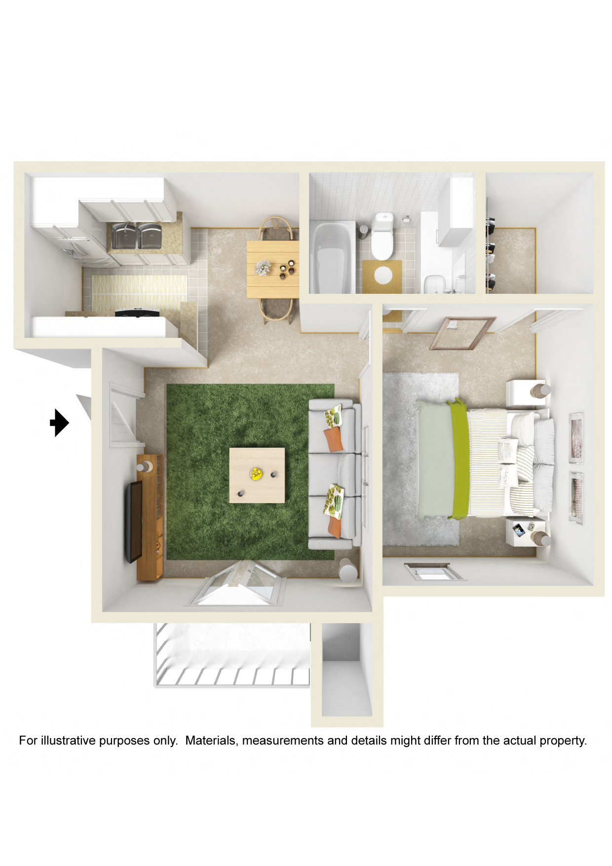 Floor plan for 1 bed, 1 bath, 550 sqft
